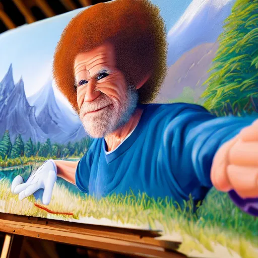 Image similar to a closeup photorealistic photograph of bob ross working on a canvas painting of mickey mouse. film still. brightly lit scene. mountains and trees. this 4 k hd image is trending on artstation, featured on behance, well - rendered, extra crisp, features intricate detail, epic composition and the style of unreal engine.