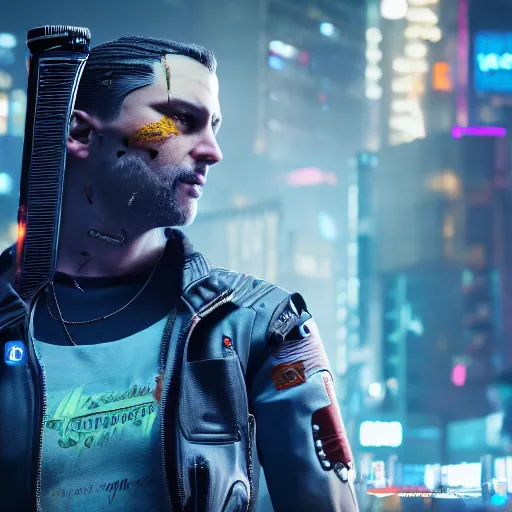 Prompt: johnny silverhand | cyberpunk 2 0 7 7 | portrait | hyperrealistic | dslr | 8 k