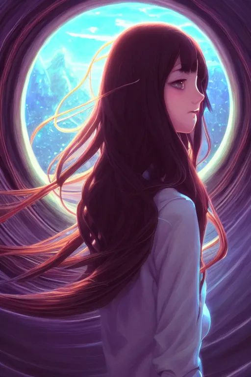 Image similar to a beautiful girl with long dark hair, going through a portal between worlds, intricate, highly detailed, digital painting, artstation, official media, anime key visual, concept art, rich vivid colors, ambient lighting, sharp focus, illustration, art by Artgerm, Makoto Shinkai, Ilya Kuvshinov, Lois Van Baarle, and Rossdraws