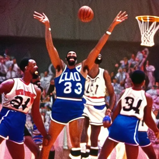 Image similar to candid shot of Wilt Chamberlain playing basketball with Looney Toons characters in Space Jam