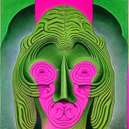 Image similar to green and pink graphic conceptual post - mortem monumental portrait made by escher and william blake and salvador dali, highly conceptual art, intricate detailed painting, illustration sharp detail, manga 1 9 9 0, experimentation cabinet