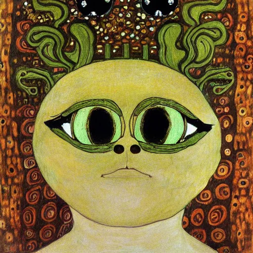 Image similar to pepe the frog in portrait of adele bloch - bauer i by gustav klimt