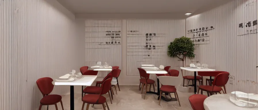 Image similar to a beautiful simple interior render of small roasted string hotpot restaurant restaurant yan'an, wall corner, from china, red paper wall and white tile floor, rectangle white porcelain table, fine simple delicate structure, chinese style, simple composition, simple style structure decoration design, victo ngai, 4 k hd