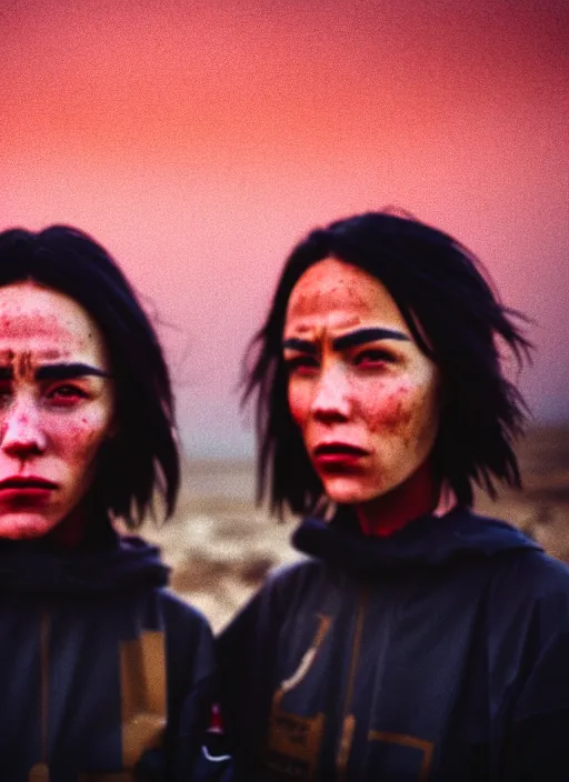 Prompt: cinestill 5 0 d photographic portrait of two loving clones, beautiful women wearing rugged black techwear on a desolate plain with a red sky, extreme closeup, diverse species, cyberpunk style, in front of a brutalist dark metal facility, dust storm, 3 5 mm, 8 k, f / 3 2, high resolution, ultra realistic faces