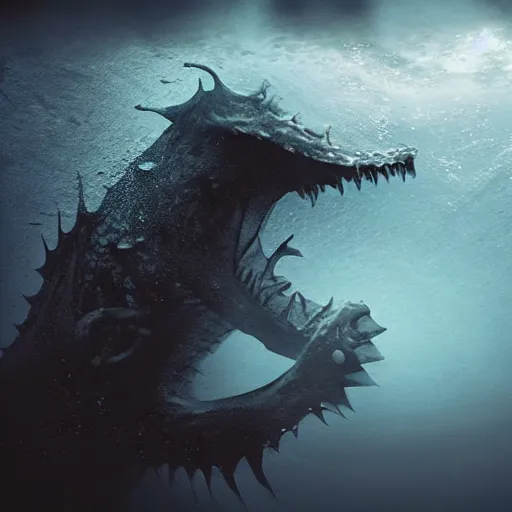 Prompt: sea monster about to eat pov underwater, creeping forward, showing anger, pale skin, dark foggy water, dramatic,'silent hill ', terrifying, non - human, cinematic