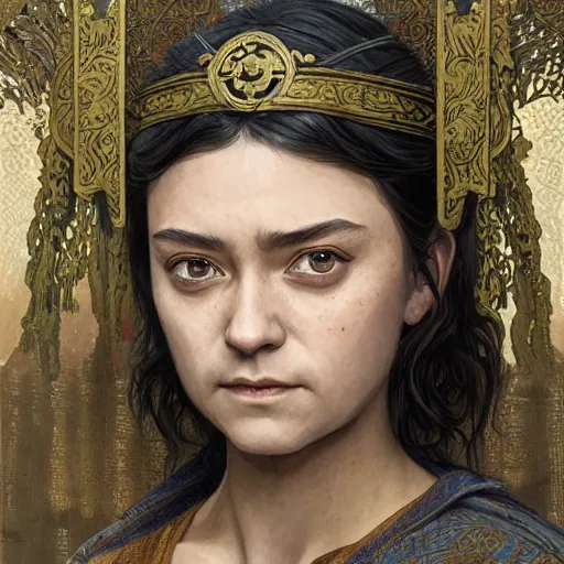 Image similar to portrait of Arya Stark in ancient Java, D&D, MtG art,fantasy, intricate, elegant, highly detailed, digital painting, artstation, concept art, smooth, sharp focus, illustration, art by artgerm and greg rutkowski and alphonse mucha