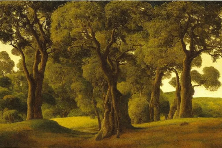 Image similar to masterpiece painting of oak trees on a hillside overlooking a creek, dramatic lighting, by elihu vedder