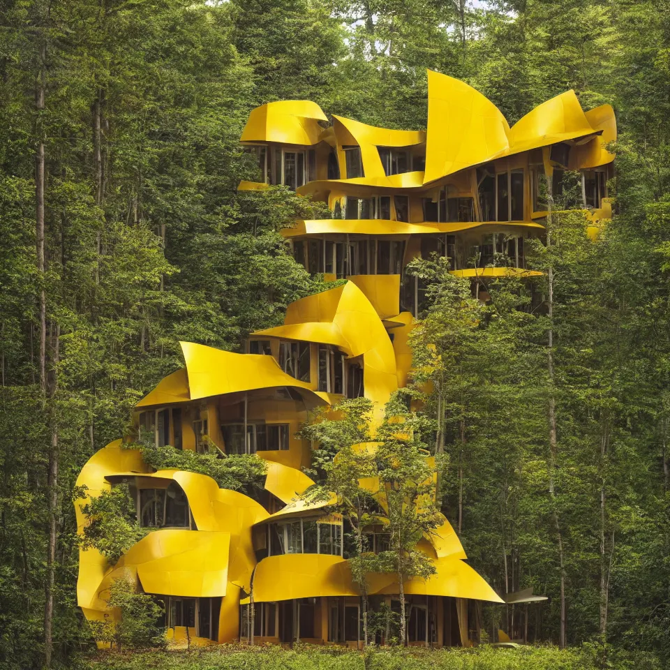 Image similar to architecture ad for a simple house in the forest, designed by Frank Gehry. Big Tiles. Film grain, cinematic, yellow hue