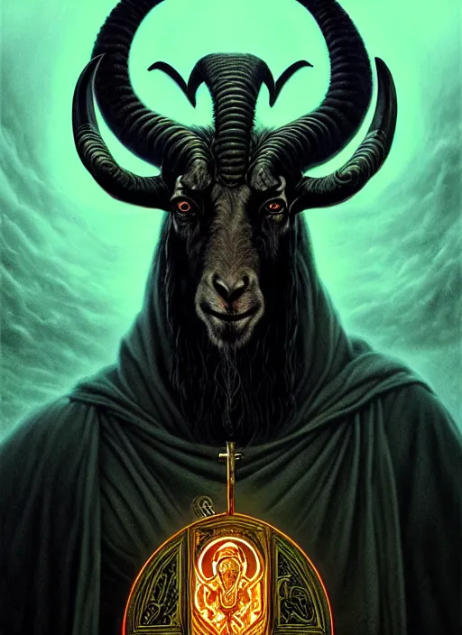 Image similar to elden ring themed orthodox baphomet goat icon tarot card portrait, piercing gaze, byzantine aesthetic, doom, religious, sinister, ornate, intricate, beautifully backlit, subtle tones, digital painting, concept art, smooth, sharp focus, illustration, art by josan gonzalez, greg rutkowski, killian eng and zdizslaw beksinski