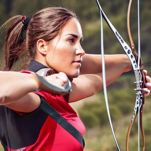 Image similar to photo realistic, consistent and highly detailed face, a attractive sports woman in archery, pointing his bow, uhd 8 k, highly detailed