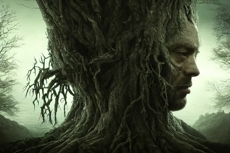 Image similar to an ultra realistic, cinematic headshot portrait, of an evil tree wizard, background of a vast serene landscape, with trees and rivers, detailed, deep focus, movie still, dramatic lighting, ray tracing, by michal karcz and yoshitaka amano