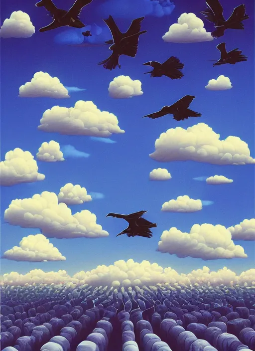 Image similar to a flock of ravens forming a cloud, vintage shapes, retro technology, happy colors. rob gonsalves, oil on canvas, deep depth field, masterpiece, cinematic composition, hyperdetailed