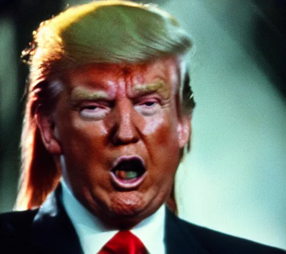 Prompt: color still shot of donald trump on predator 1 9 8 7, face closeup, fighting