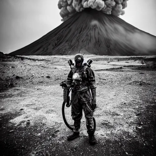 Prompt: A juggernaut soldier with a gasmask standing in front of an erupting volcano, professional photography, black and white, cinematic, eerie