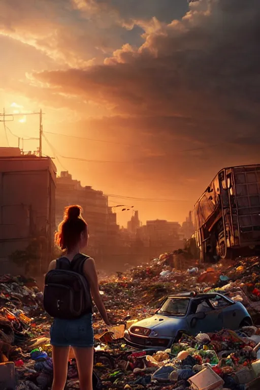 Image similar to young woman in mini short with backpack looking at food at garbage dump, destroyed cars, city is pure wasteland, moody sunset background, rays of sunlights, ( ( ( rainbow ) ) ), high details, sharp, photorealism, cinematic, greg rutkowski, artgerm, unreal engine, highly detailed