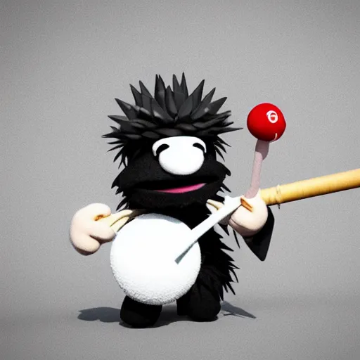 Prompt: evil muppet holding a spiky baseball bat, 3d render, sanrio, parody, behance, HD render, unity, cinematic Trending on artstation.