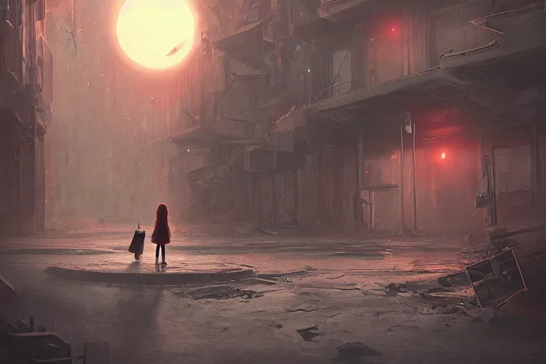 Prompt: a detailed illustration of a lonely girl against the background of a ravaged city and a red moon, artstation, by Mandy Jurgens, sophisticated, Unreal engine, dystopia, anti-utopia, post processing, nostalgic melancholic artwork, intricate