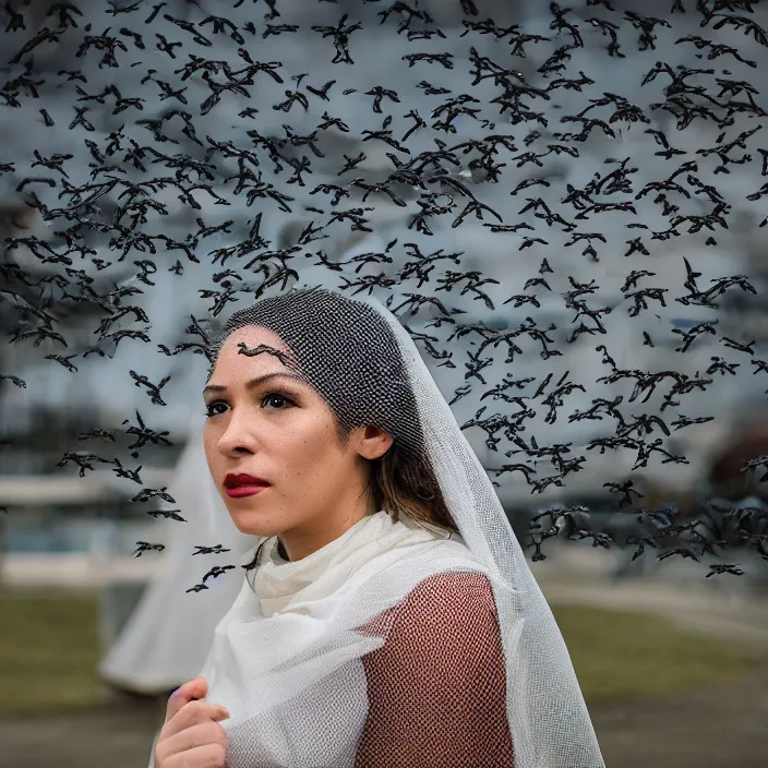 Prompt: a closeup portrait of a woman wearing a veil made of birds, in an abandoned theme park, by omar z. robles, canon eos c 3 0 0, ƒ 1. 8, 3 5 mm, 8 k, medium - format print