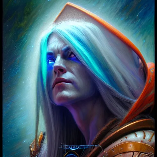 Image similar to ( ( ( ( ( hyperrealist distant portrait of sylvanas windrunner on a blue planet where it rains colors. ) ) ) ) ) by donato giancola, fantasy, photorealistic, octane render, unreal engine, dynamic lighting, trending on artstation, poster, volumetric lighting, very detailed faces, 4 k, award winning