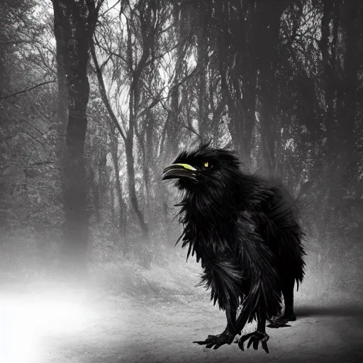 Image similar to werecreature consisting of a crow and a human, featured on artstation, photograph captured in a dark forest