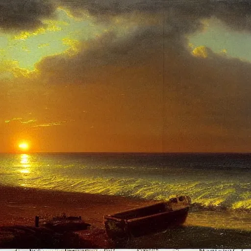 Image similar to sunset over a wooden cabin on the coast in the distance, sea, oil painting, very detailed, colorful, cinematic lighting, albert bierstadt