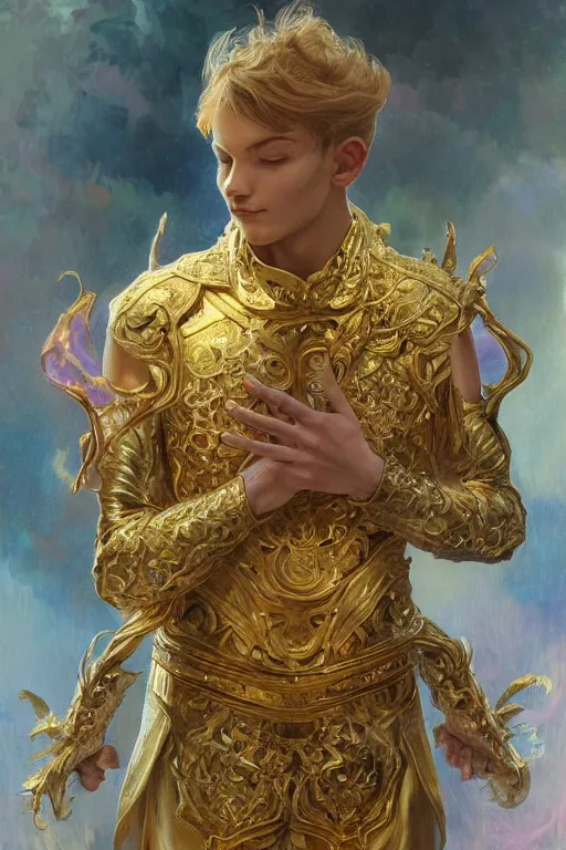 Image similar to young male magician in gold armor, gold hair, gold eyes, tanned skin, fantasy, intricate, highly detailed, digital painting, artstation, concept art, smooth, sharp focus, art by Artem Demura and Alphonse Mucha, ArtGerm, Valentina Remenar, Gaston Bussiere, Cedric Peyravernay