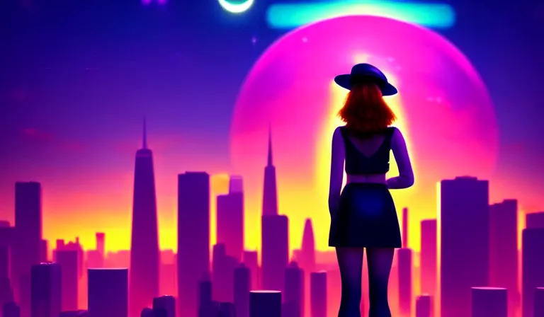 Image similar to a beautiful and immaculate young teenager girl with fedora hat. synthwave, night time, detailed. trending on artstation. recommended for you behance. by chris moore. by edward hopper., beeple colors, metropolis filmic. gotham city.