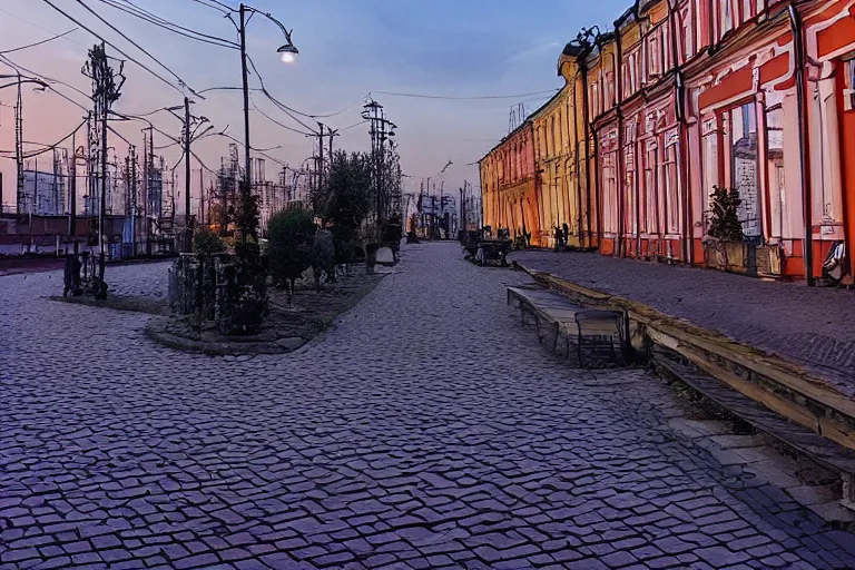 Prompt: a iphone 6 photo of typical russian city yard at evening, dutch angle,