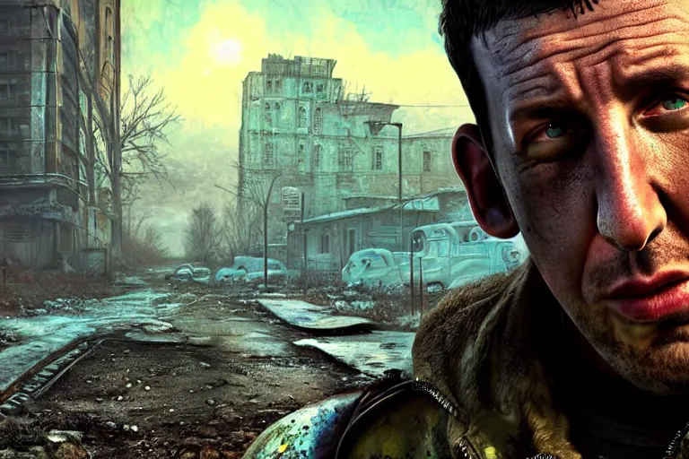 Image similar to fallout 5, adam sandler closeup, portrait, outdoors european cityscape, atmospheric lighting, painted, intricate, volumetric lighting, beautiful, daytime, winter, clear weather, mutated wildlife, sharp focus, deep colours, ultra detailed, art by william turner
