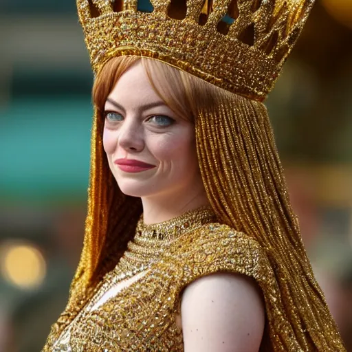 Prompt: A full body shot of Emma Stone wearing a golden Arabian crown , royality, high quality, fully detailed, 4k