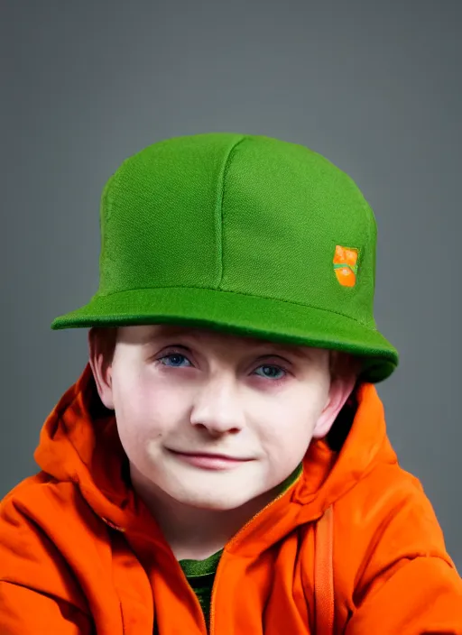 Image similar to portrait photo still of real life young kyle broflovski wearing an orange jacket and green hat, 8 k, 8 5 mm, f. 1 4