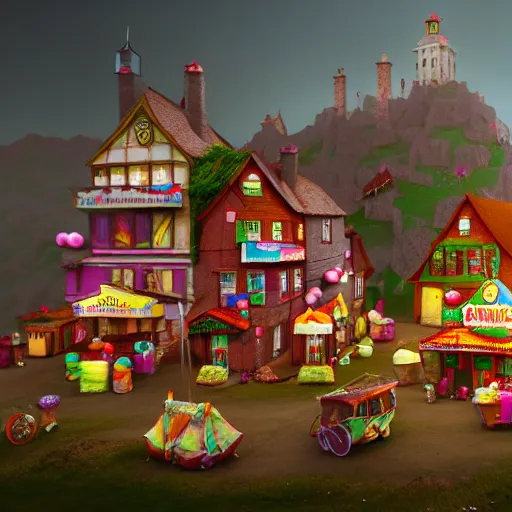 Image similar to Village made of sweets, 4k octane render, detailed art, artstation, streetview, CGSociety, deviantart