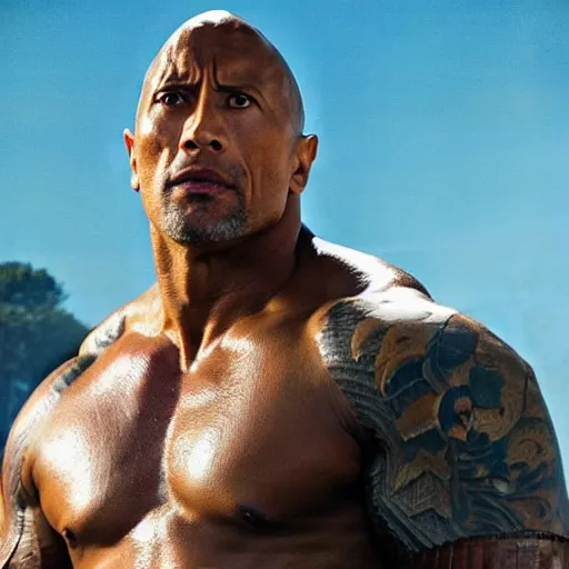 Image similar to a film still of Dwayne Johnson as samurai