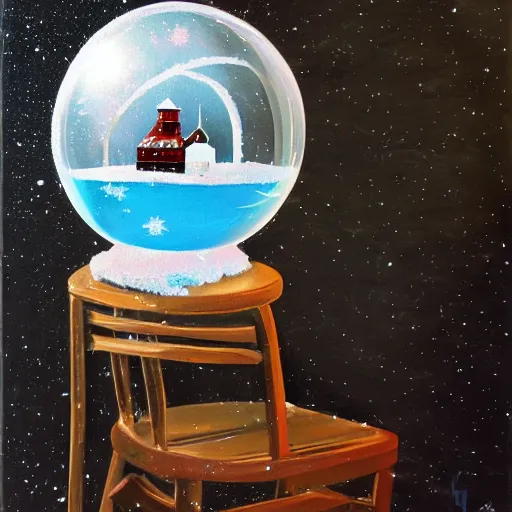 Image similar to A vintage wooden chair and falling snow inside of a snow globe. Acrylic on canvas