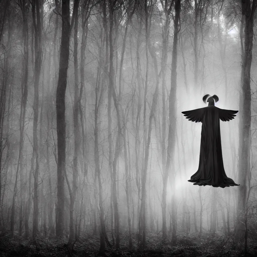 Prompt: fallen angel gabriel in a dark forest, monochrome photograph