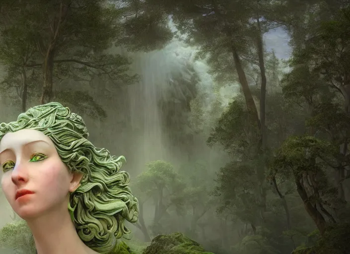 Image similar to a portrait of idealistic marble statue with fractal flowery hair and fair porcelain face and green eyes, in a magical forest, painted by, mc escher, gordon onslow ford, georgia o'keeffe and ivan aivazovsky, cinematic light, god rays, colourful, unreal engine, zbrush central,