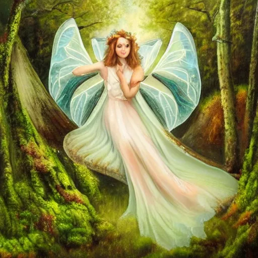 Prompt: epic oil painting of a beautiful fairy with a beautiful face and flawless skin wearing a gauze dress, landing on a mushroom in the forest, moss, fog