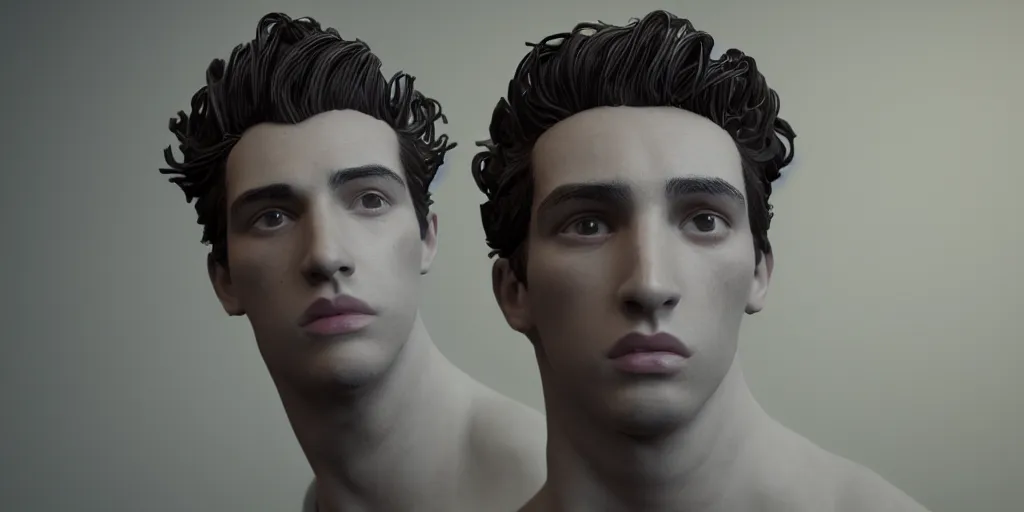 Image similar to a perfect porcelain bust of handsome young Spanish man with pipe cleaners coming out of the neck, 3D cinematic lighting, 90 degree spotlighting, photorealism, octane render, depth of field, 8k, 35mm, artgem, Trending on artstation