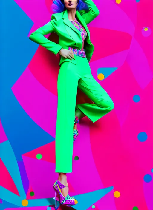 Image similar to bright trouser suit for a rave, bright colors, many details, prints, photo for a magazine, photo for a store, fashion photography, Vogue, 135 mm, cinematic, hyper realism, high detail, 8k, Two models in the frame, dynamic pose,Smooth skin, perfect face