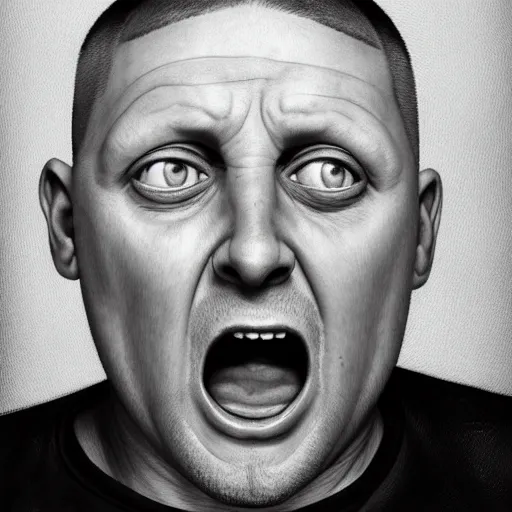 Image similar to photo portrait of shaun ryder with a buzzcut screaming and staring into the horizon, realistic, hyperrealistic, 8 k resolution, hd quality, very detailed, highly detailed, intricate details, real life, real world, trending on artstation, digital art, really realistic, very realistic, headshot, head in frame, photograph, portrait, head in frame