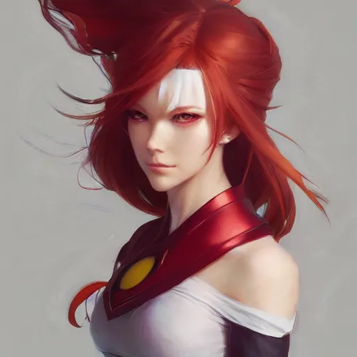 Image similar to a cool red - bun - haired anime girl. she is dressed as a superhero. clean elegant painting, beautiful detailed face. by artgerm and greg rutkowski and alphonse mucha, seoul, south korea, trending on artstation