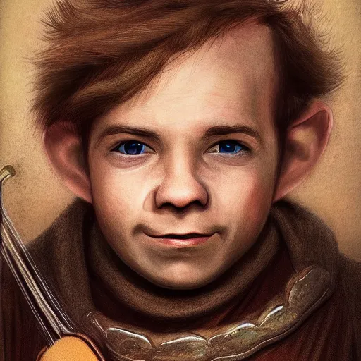 Image similar to hyper realistic portrait of a halfling male, happy, bard, singing, short hair, lute, intricate details, cinematic