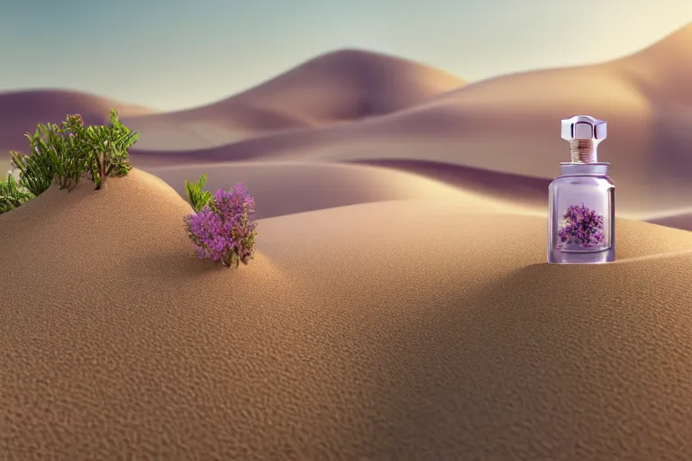 Prompt: perfume bottle buried in zen oasis hotspring by peter tarka in the middle of a desert with little flowers, soft lilac skies, silky smooth, dramatic, mid day, sand dune background, large scale, wind - swept, lots of detail, realistic lighting, octane render, by wlop, artgerm, trending on artstation