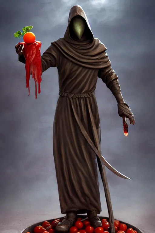 Image similar to a statue of a hooded cultist is holding a bloody knife in one hand and a tomato on the other, by patrick mcenvoy and michael komarck and fantasy flight, incredible quality, trending on artstation