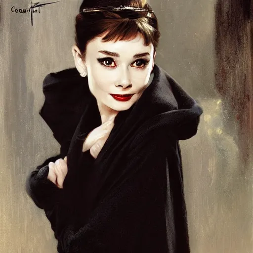 Image similar to detailed realistic cinematic wide shot of beautiful attractive audrey hepburn vampire woman wearing black bath robe slim face symettrical face clean skin black eyes black robe smooth, sharp focus, ultra realistic, spring light, painting by gaston bussiere, craig mullins, j. c. leyendecker