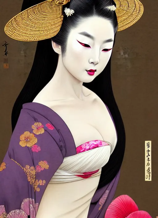 Prompt: glamorous and sexy Geisha portrait in an ancient japanese temple, beautiful pale makeup, pearlescent skin, seductive face, lacivious elegant pose, very detailed face, highly detailed kimono, photorealism, portrait by Magali Villeneuve and Steve Argyle,Livia Prima,Mucha,dress,fantasy art,beautiful,artstation,trending on artstation,intricate details,alluring,masterpiece