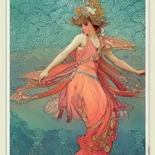 Prompt: a beautiful intricate watercolor illustration of a dancing princess in a coral outfit, 4 k, ultra - wide angle, by william turner, by victo ngai, by alphonse mucha, by moebius, by gustave dore, hd, trending on artstation, hyper detailed, muted intense colors