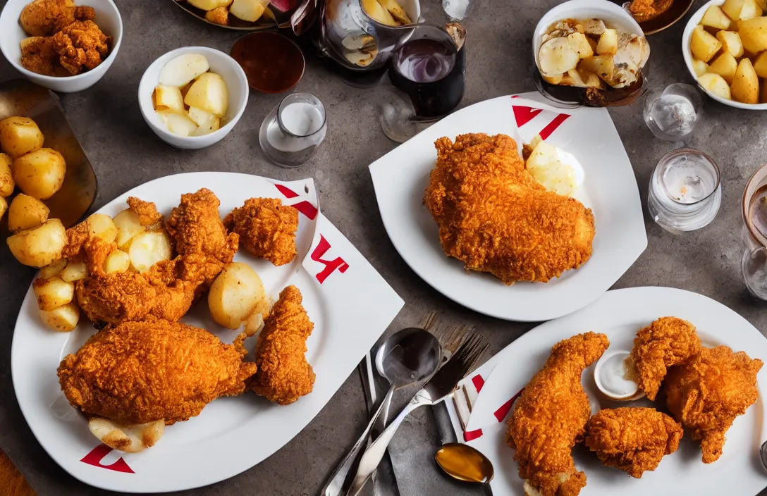 Image similar to KFC chicken on a plate, side of potatoes, food photography, award winning, Michelin restaurant