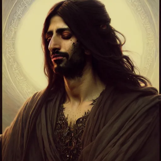 Image similar to portrait painting of a middle - eastern man with shoulder length hair and wearing a tattered black feather cloak and coat, ultra realistic, concept art, intricate details, eerie, highly detailed, photorealistic, octane render, 8 k, unreal engine. art by artgerm and greg rutkowski and charlie bowater and magali villeneuve and alphonse mucha