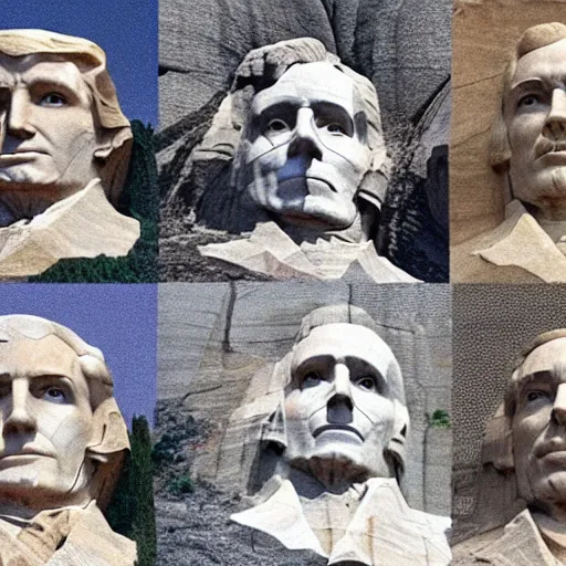 Image similar to donald trump's face carved into the rock on mount rushmore. the photo clearly depicts donald trump's facial features next to other former presidents, at a slightly elevated level, depicting his particular hair style carved into the stone at the mountain top, centered, balances, regal, pensive, powerful, just